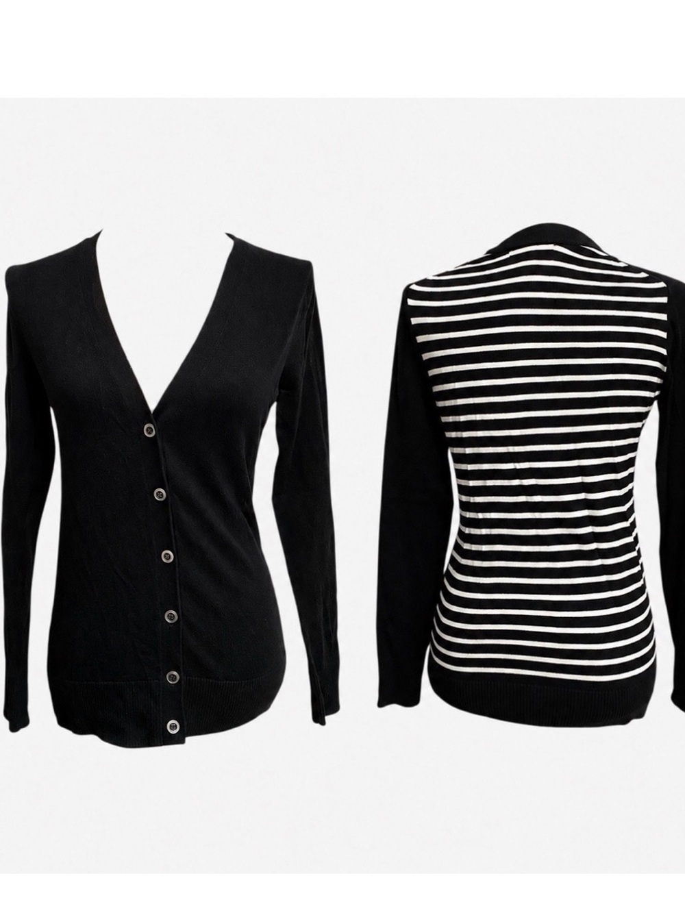 Banana Republic Factory Petite S Black Cardigan Striped Back Cotton Blend
